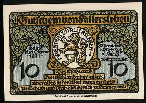 Notgeld Fallersleben 1920, 10 Pfennig, Wappen