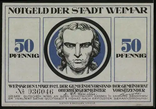 Notgeld Weimar 1921, 50 Pfennig, Mann betet gen Himmel