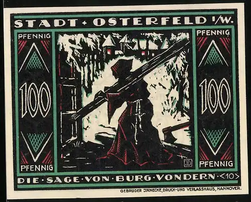 Notgeld Osterfeld i. W. 1921, 100 Pfennig, Die Sage von Burg Vondern, Mönch trägt einen Pfahl