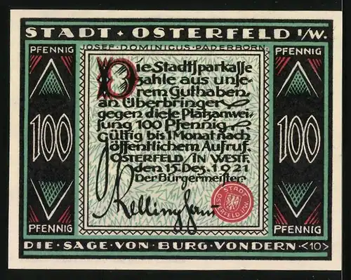 Notgeld Osterfeld i. W. 1921, 100 Pfennig, Die Sage von Burg Vondern, Mönch trägt einen Pfahl