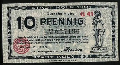 Notgeld Köln 1921, 10 Pfennig, J. v. Werth