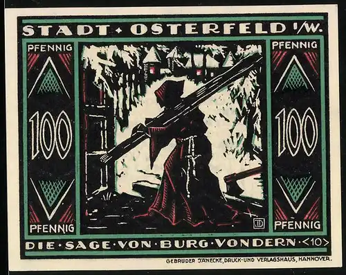 Notgeld Osterfeld i. W. 1921, 100 Pfennig, Die Sage von Burg Vondern, Mönch trägt einen Pfahl