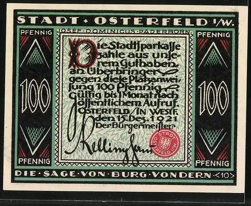 Notgeld Osterfeld i. W. 1921, 100 Pfennig, Die Sage von Burg Vondern, Mönch trägt einen Pfahl