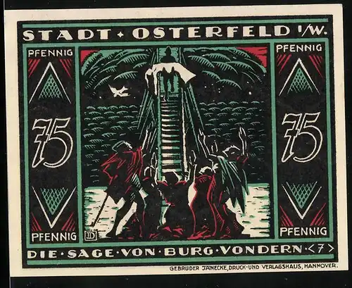 Notgeld Osterfeld i. W. 1921, 75 Pfennig, Die Sage von Burg Vondern, Mann auf der Treppe