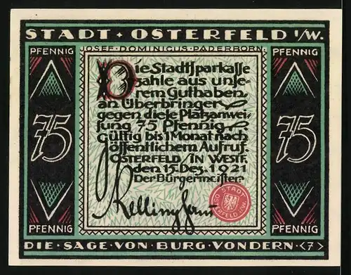 Notgeld Osterfeld i. W. 1921, 75 Pfennig, Die Sage von Burg Vondern, Mann auf der Treppe