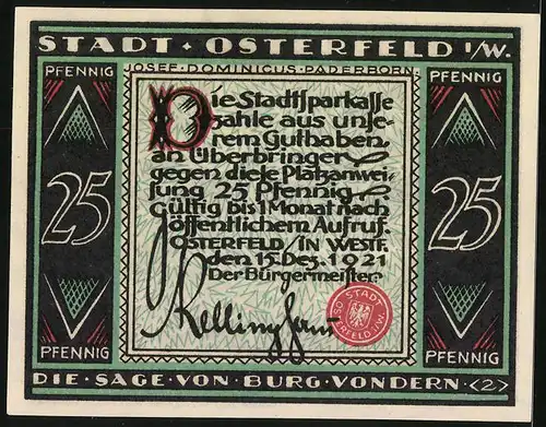 Notgeld Osterfeld i. W. 1921, 25 Pfennig, Die Sage von Burg Vondern, Ritter sieht Pferde im Sturm auf See