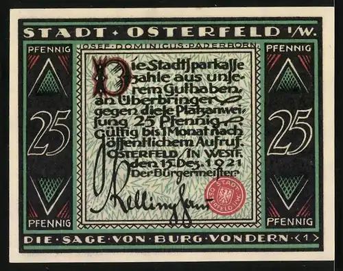 Notgeld Osterfeld i. W. 1921, 25 Pfennig, Die Sage von Burg Vondern, Krieger mit Glas