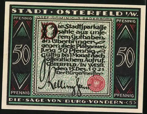 Notgeld Osterfeld i. W. 1921, 50 Pfennig, Die Sage von Burg Vondern, Mann besteigt Brücke im Sturm