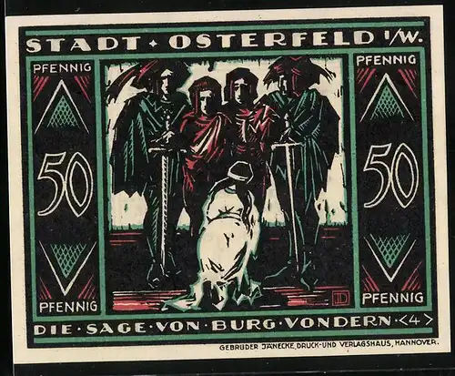 Notgeld Osterfeld i. W. 1921, 50 Pfennig, Die Sage von Burg Vondern, Männer mit Schwertern u. Jungfrau