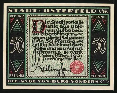 Notgeld Osterfeld i. W. 1921, 50 Pfennig, Die Sage von Burg Vondern, Männer mit Schwertern u. Jungfrau