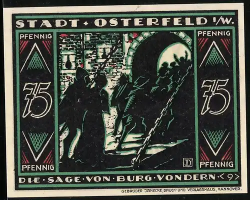 Notgeld Osterfeld i. W. 1921, 75 Pfennig, Die Sage von Burg Vondern, Menschen stürmen über Zugbrücke