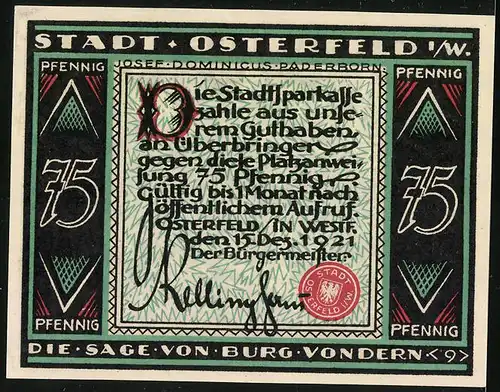 Notgeld Osterfeld i. W. 1921, 75 Pfennig, Die Sage von Burg Vondern, Menschen stürmen über Zugbrücke