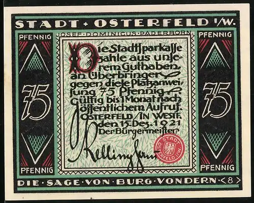 Notgeld Osterfeld i. W. 1921, 75 Pfennig, Die Sage von Burg Vondern