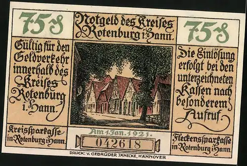 Notgeld Rotenburg i. Hann 1921, 75 Pfennig, Maurer bei der Arbeit