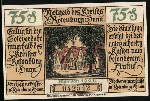 Notgeld Rotenburg i. Hann 1921, 75 Pfennig, Ortspartie
