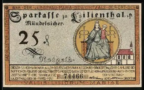 Notgeld Lilienthal 1921, 25 Pfennig, Maria mit Jesuskind