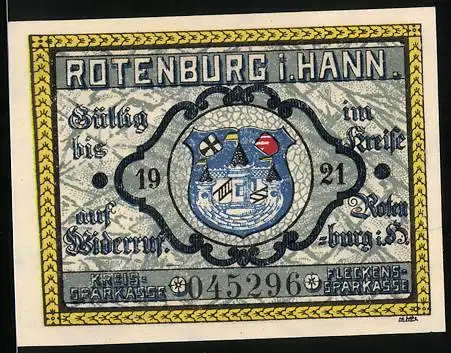 Notgeld Rotenburg i. Hann 1921, 25 Pfennig, Stadtwappen