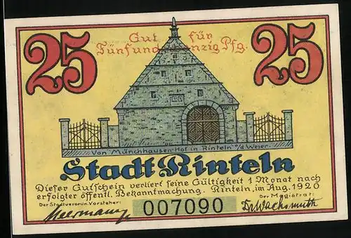 Notgeld Rinteln a. d. Weser 1920, 25 Pfennig, Von Münchhausen-Hof