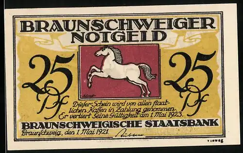 Notgeld Braunschweig 1923, 25 Pfennig, Weisses Pferd