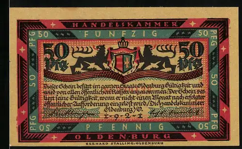 Notgeld Oldenburg 1921, 50 Pfennig, Zwei Löwen halten Wappen