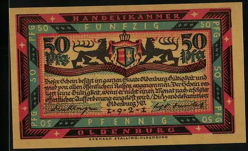 Notgeld Oldenburg 1921, 50 Pfennig, Zwei Löwen halten Wappen