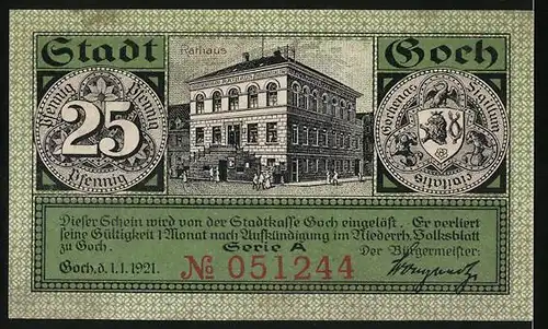 Notgeld Goch 1921, 25 Pfennig, Haus Zu den fünf Ringen, Steintor