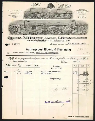 Rechnung Löbau /Sachsen 1936, Gebr. Müller GmbH, Spinnereien und Webereien, Werke in Löbau, Bellwitz, Leutersdorf