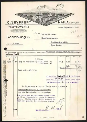 Rechnung Naila i. Bayern 1938, C. Seyffert GmbH, Textilwerke, Totalansicht des Fabrikgeländes