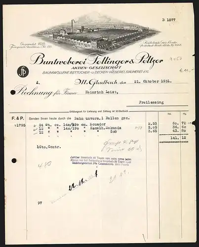 Rechnung M. Gladbach 1931, Fellinger & Peltzer AG, Buntweberei, Blick auf das Werkgelände aus der Vogelschau