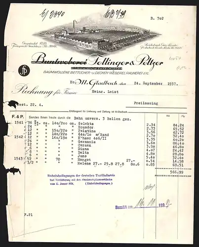 Rechnung M. Gladbach 1937, Fellinger & Peltzer AG, Buntweberei, Blick auf das Werkgelände aus der Vogelschau