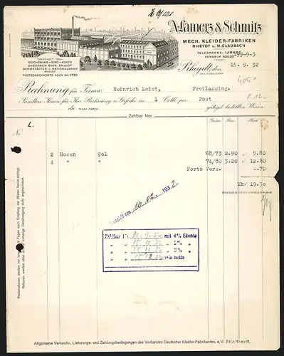 Rechnung Rheydt 1932, A. Lamerz & Schmitz, Mech. Kleider-Fabriken, Ansicht auf das Fabrikgelände und Industriegebiet