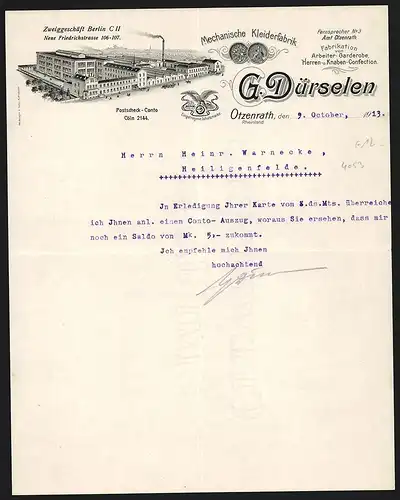 Rechnung Otzenrath 1913, G. Dürselen, Mechanische Kleiderfabrik, Fabrikansicht und Medaille