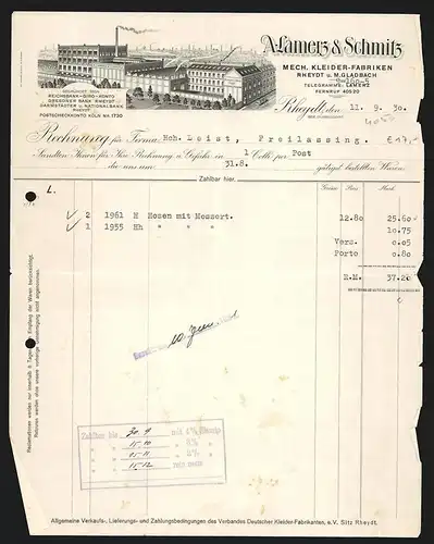 Rechnung Rheydt 1930, A. Lamerz & Schmitz, Mech. Kleider-Fabriken, Ansicht auf das Fabrikgelände und Industriegebiet