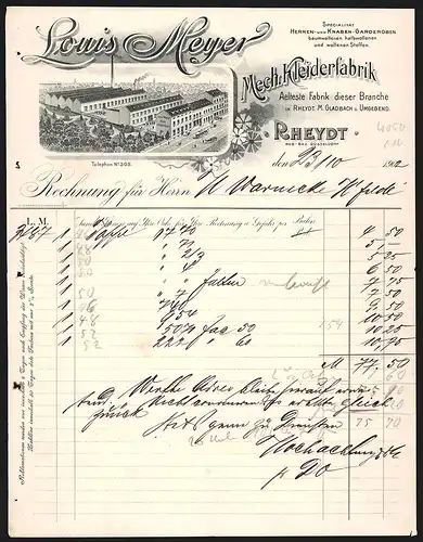 Rechnung Rheydt 1902, Louis Meyer, Mechanische Kleiderfabrik, Strassenbahn am Fabrikgelände