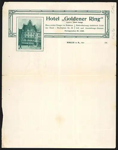 Rechnung Halle, Hotel Goldener Ring, Inh. Emil Lange, Marktplatz 22, Strassenpartie vor dem Hotel