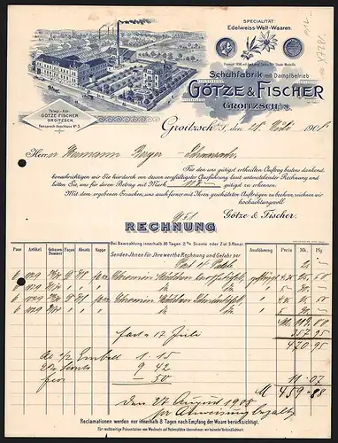 Rechnung Groitzsch 1908, Götze & Fischer, Schuhfabrik mit Dampfbetrieb, Werksansicht und Auszeichnung 1896