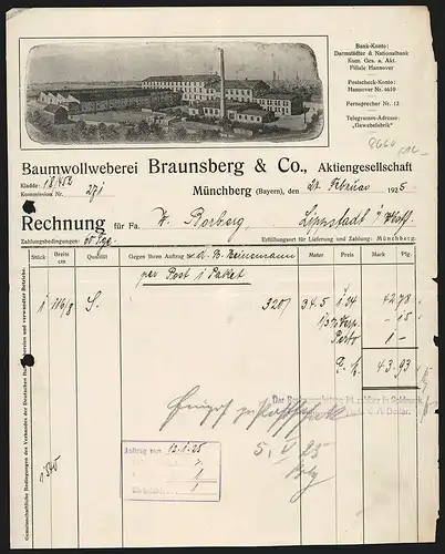 Rechnung Münchberg 1925, Braunsberg & Co. AG, Baumwollweberei, Blick auf das Werksgelände mit grossem Schornstein
