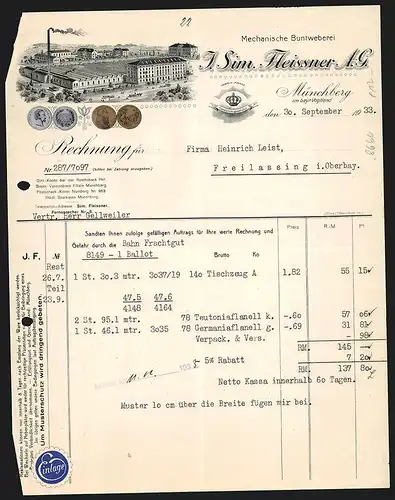 Rechnung Münchberg 1933, J. Sim. Fleissner AG, Mechanische Buntweberei, Fabrikgelände und Medaillen