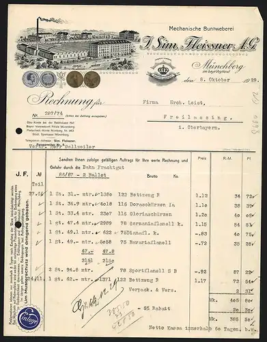Rechnung Münchberg 1929, J. Sim. Fleissner AG, Mechanische Buntweberei, Fabrikgelände und Medaillen