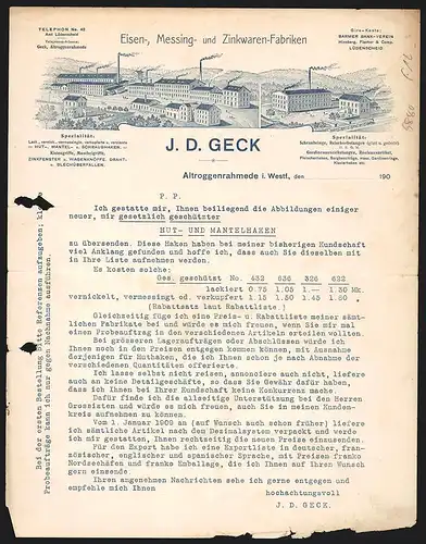 Rechnung Altroggenrahmede, J. D. Geck, Eisen-, Messing- und Zinkwaren-Fabriken, Werksansichten in einer Hügellandschaft