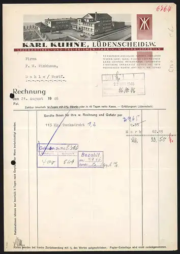 Rechnung Lüdenscheid i. W. 1946, Karl Kuhne, Lederartikel- und Treibriemen-Fabrik, LKWs im Fabrik-Hof