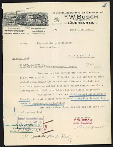 Rechnung Lüdenscheid 1923, F. W. Busch AG, Fabrik von Apparaten für Electrotechnik, Gesamtansicht des Fabrikareals