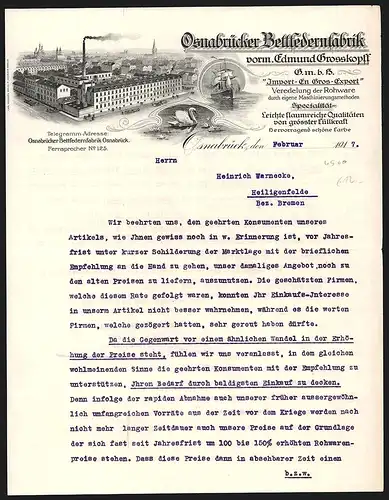 Rechnung Osnabrück 1917, Osnabrücker Bettfedernfabrik GmbH, Fabrikansicht, Transportschiff auf See, Schwan mit Seerosen