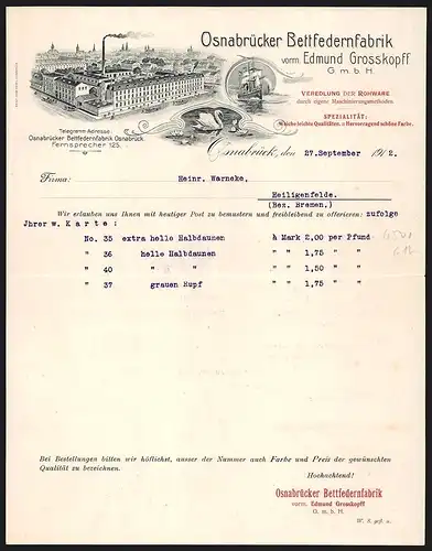 Rechnung Osnabrück 1912, Osnabrücker Bettfedernfabrik GmbH, Fabrikansicht, Transportschiff auf See, Schwan mit Seerosen