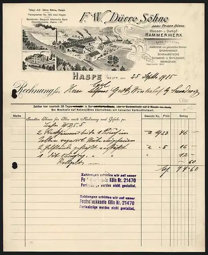 Rechnung Haspe /Westf. 1915, F. W. Dürre Söhne, Wasser- und Dampf-Hammerwerk, Fabrikgelände am Fluss