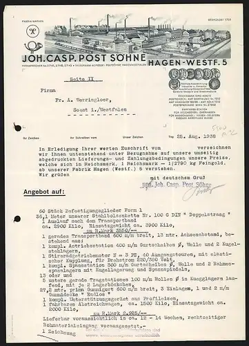 Rechnung Hagen /Westf. 1938, Firma Joh. Casp. Post Söhne, Fabrik-Gesamtansicht und Auszeichnungen