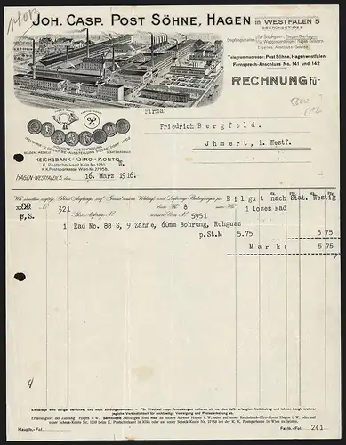 Rechnung Hagen /Westf. 1916, Firma Joh. Casp. Post Söhne, Fabrik-Gesamtansicht und Auszeichnungen
