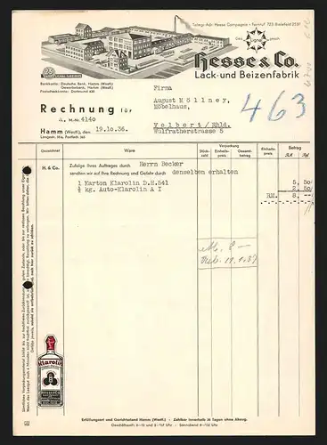 Rechnung Hamm /Westf. 1936, Hesse & Co., Lack- und Beizenfabrik, Modell des Fabrikgeländes