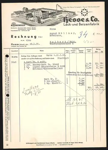 Rechnung Hamm /Westf. 1936, Hesse & Co., Lack- und Beizenfabrik, Modell des Fabrikgeländes mit rauchendem Schlot