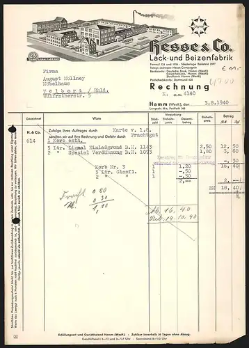 Rechnung Hamm /Westf. 1940, Hesse & Co., Lack- und Beizenfabrik, Modell des Fabrikgeländes